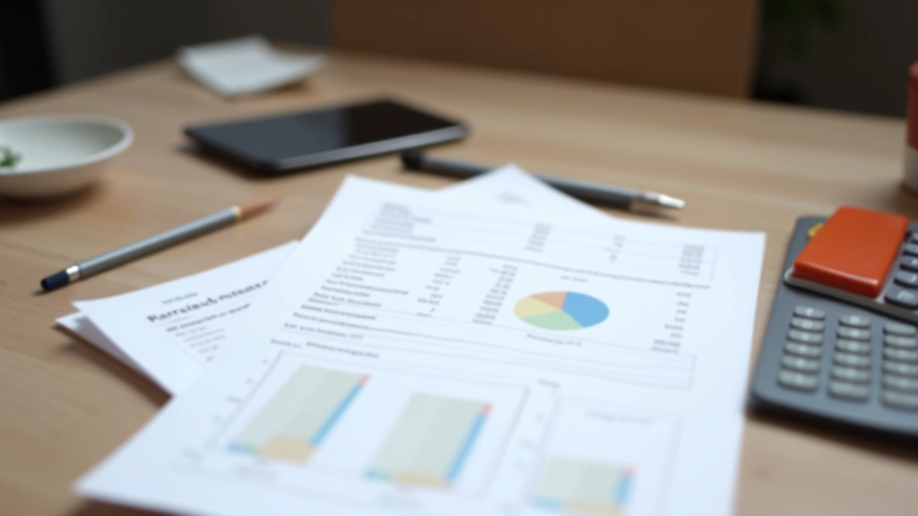 Documentos de orçamento e planejamento de projeto espalhados em mesa de madeira, lápis e calculadora visíveis