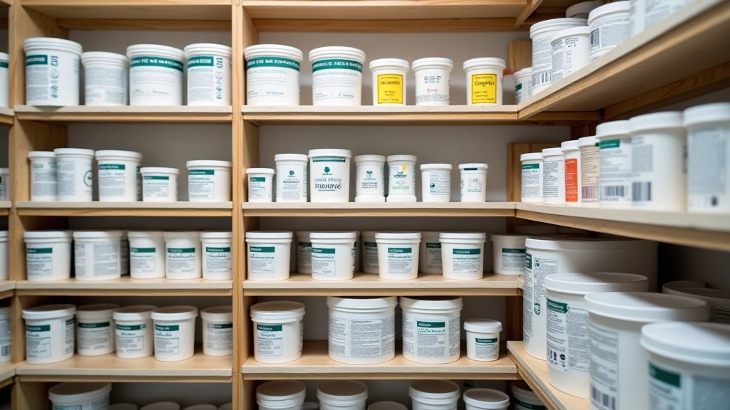 Variedade de materiais de construção incluindo tubos de silicone, adesivos, selantes e primários organizados numa prateleira de loja