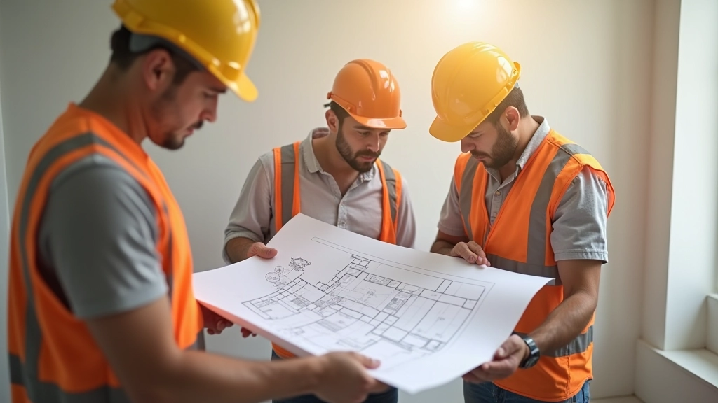 Equipa de construção trabalhando em projeto de renovação residencial, discussão no canteiro de obras, planos visíveis na mesa