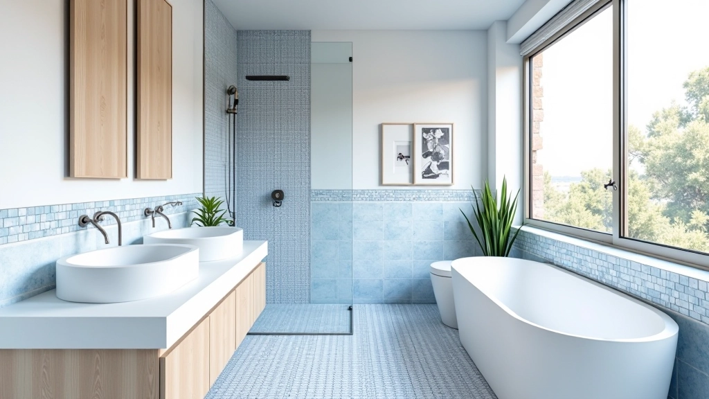 Casa de banho minimalista com azulejos azuis