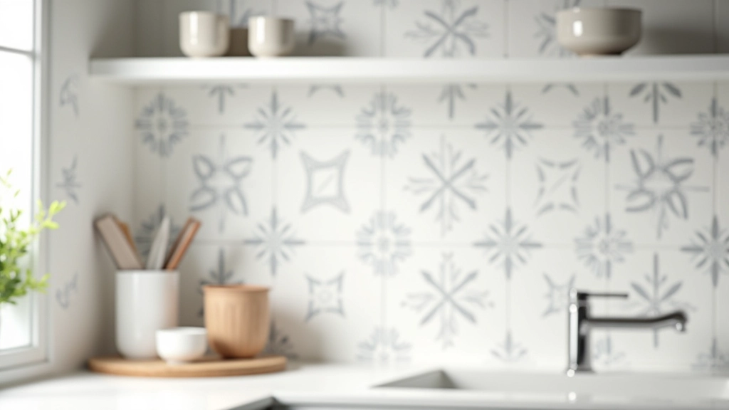 Detalhe de azulejos contemporâneos com inspiração tradicional portuguesa, padrão simplificado em tons neutros