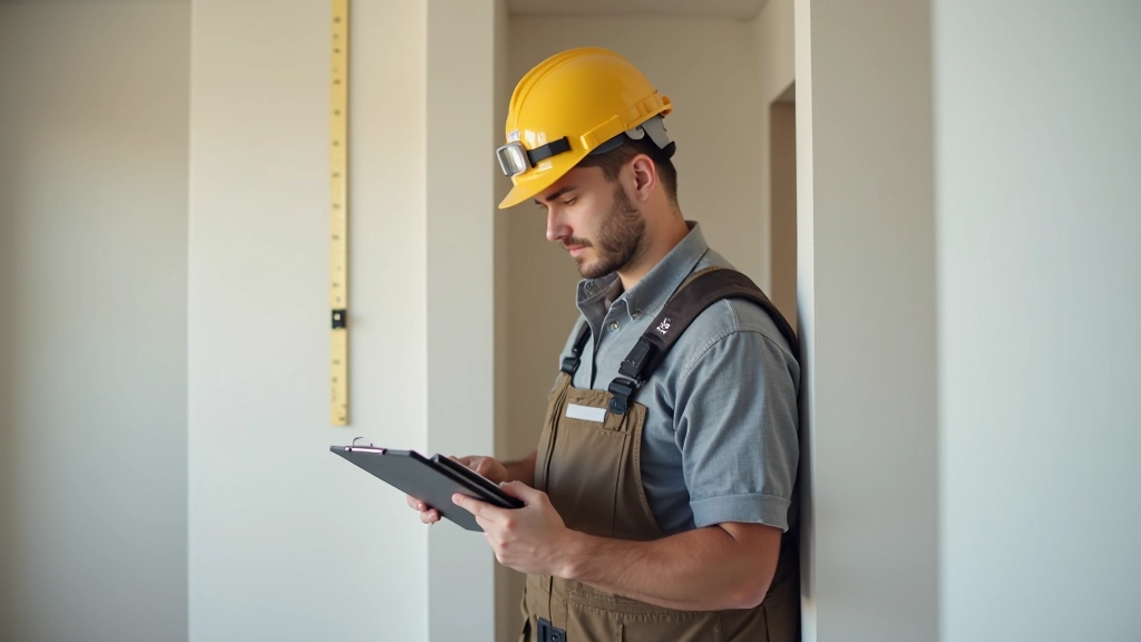 Profissional empreiteiro em canteiro de obras, medindo parede com trena, documentação de projeto visível