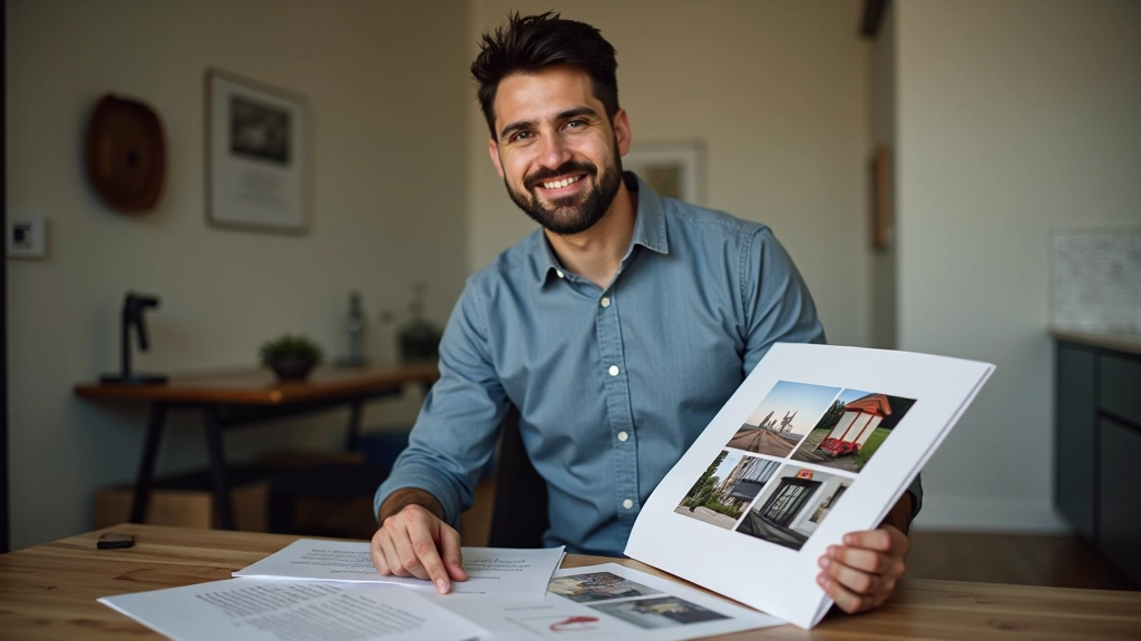 Empresário empreiteiro em gabinete profissional, mostrando portfólio de projetos anteriores, certificações na parede