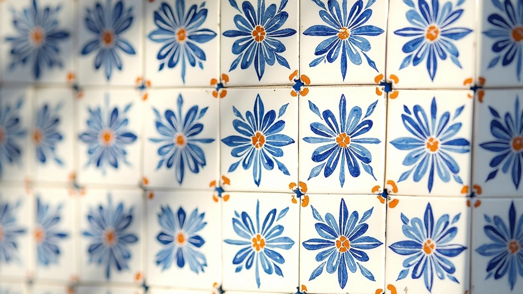 Detalhe de azulejos portugueses tradicional com padrões geométricos e cores intensas sob luz solar forte