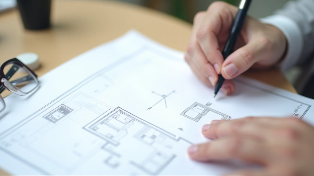 Documento de certificação energética em cima de planta de casa, óculos e caneta sobre mesa de trabalho
