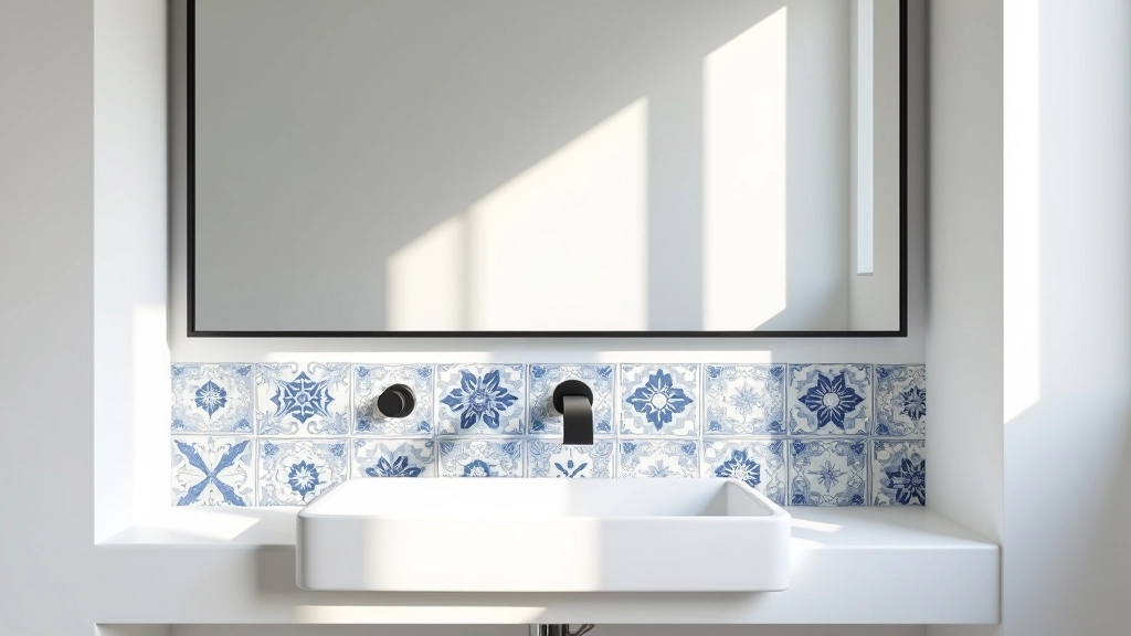 Casa de banho com paredes brancas e espelho moderno com moldura preta, azulejos tradicionais portugueses em painel frontal