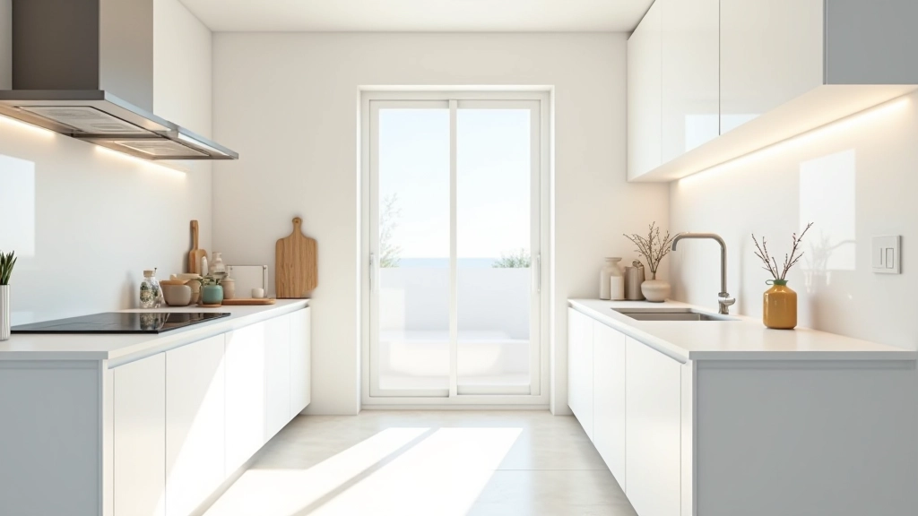 Cozinha moderna em tons claros com luz natural abundante entrando por janela grande, paredes em tons de branco e cinzento suave