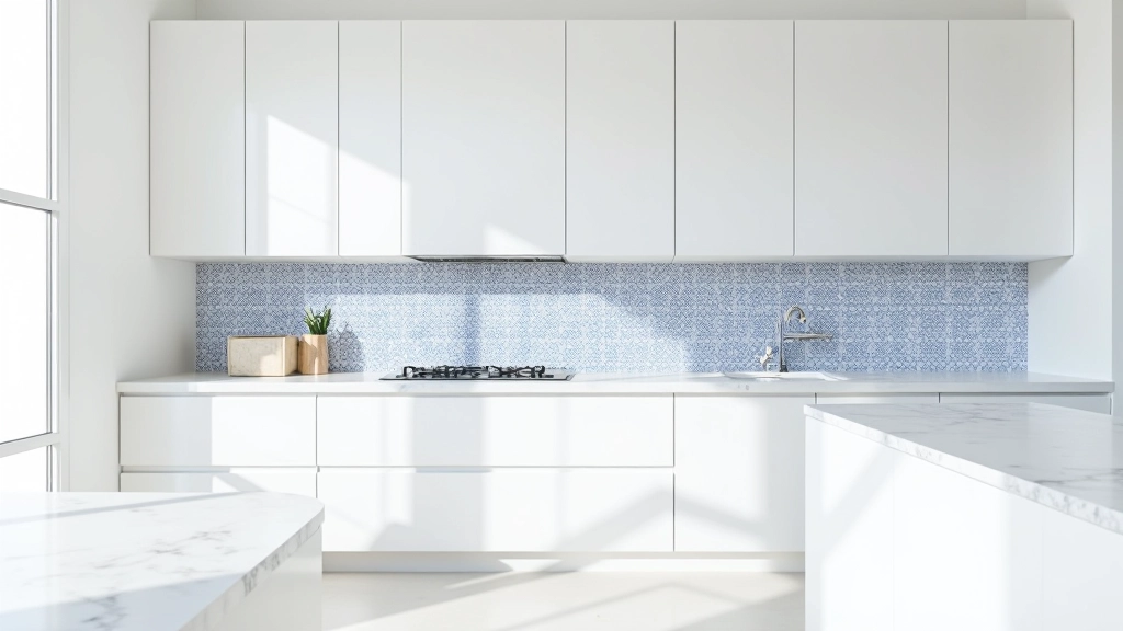 Cozinha contemporânea com backsplash de azulejos tradicionais azuis e bancada de mármore branco