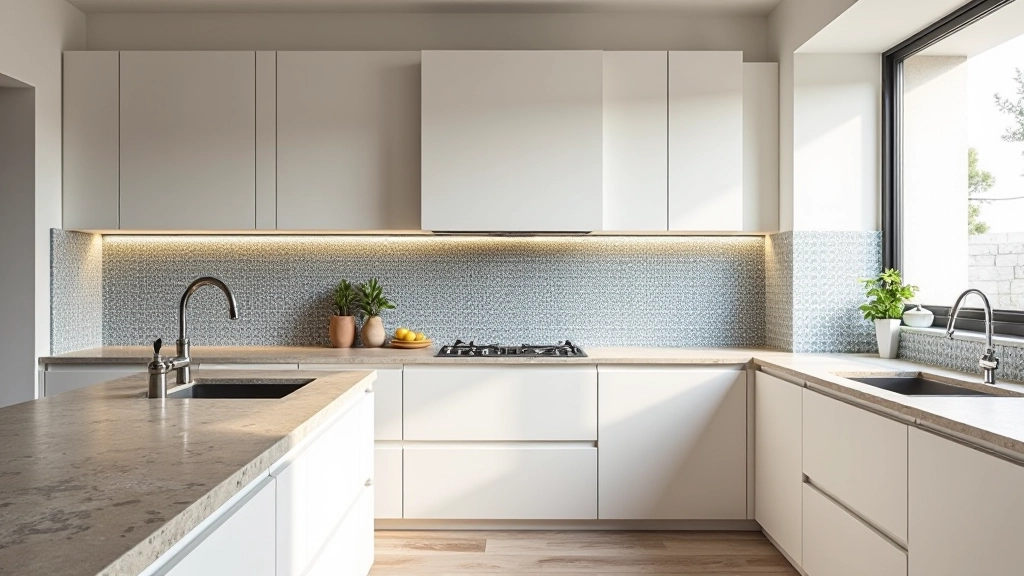 Cozinha portuguesa moderna com azulejos tradicionais e bancada de pedra natural à luz solar