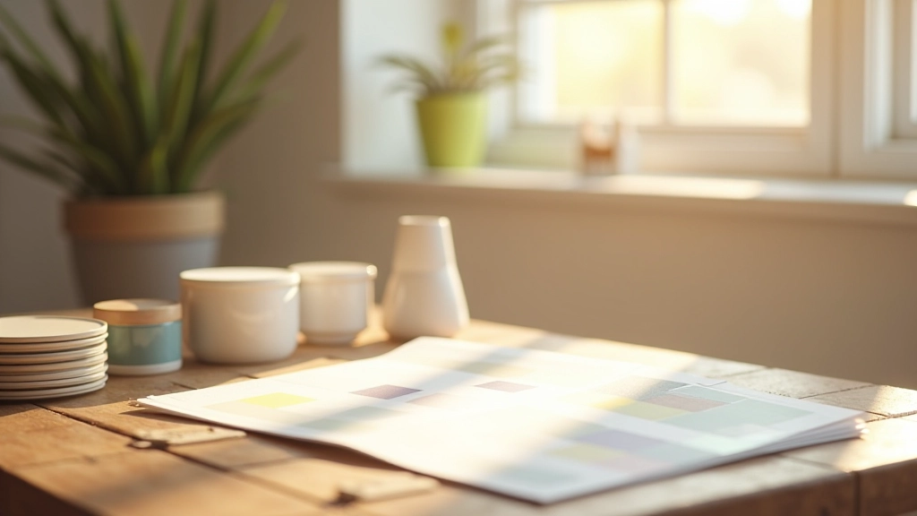 Amostras de tintas e materiais de construção espalhadas em mesa de madeira, sob luz natural intensa