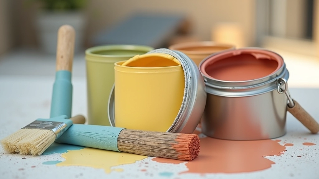 Várias latas de tinta aberta mostrando cores vivas de tintas de qualidade premium para exterior, com pincéis e varas de mistura