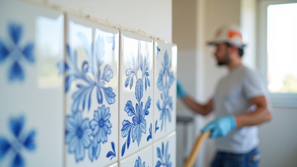 Instalação de azulejos tradicional em progresso, mostrando precisão de alinhamento e padrão geométrico
