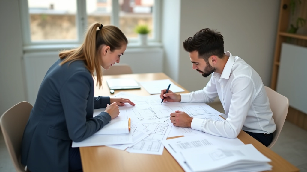 Duas pessoas em reunião de trabalho analisando plantas de projeto em mesa de escritório